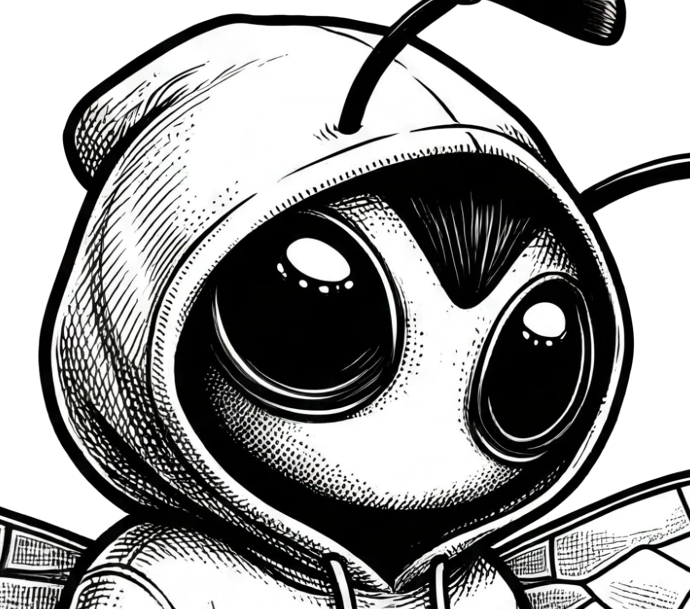 Nahaufnahme von Bee: Kopf, Augen und Kapuze in feiner Schraffur