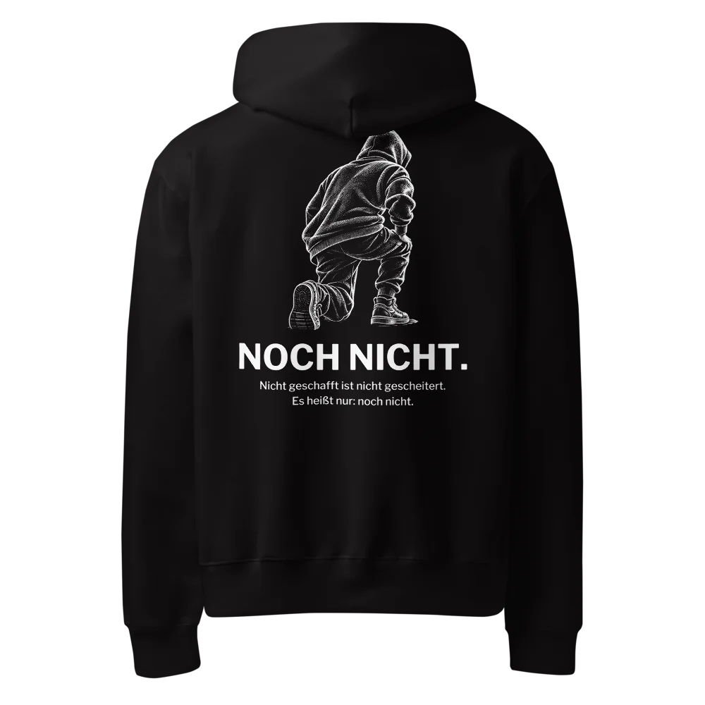 Schwarzer Oversize-Hoodie von hinten mit kniender Kapuzenfigur und dem Spruch NOCH NICHT.